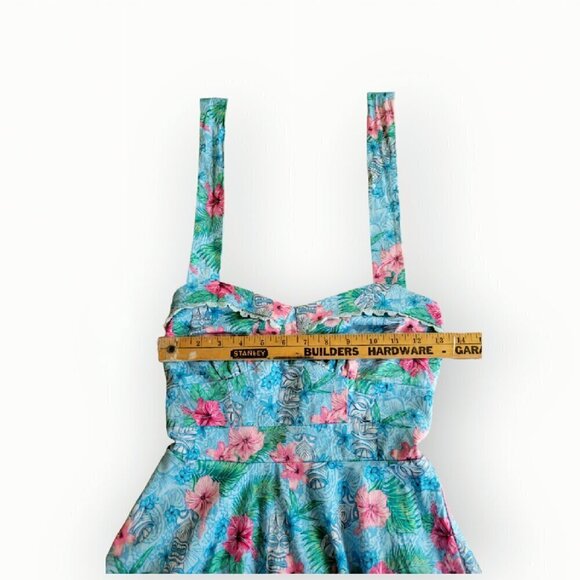Hot Topic Fit and Flare Hawaiian Tiki Dress XS Blue Floral Halter Swing Retro - Picture 11 of 13
